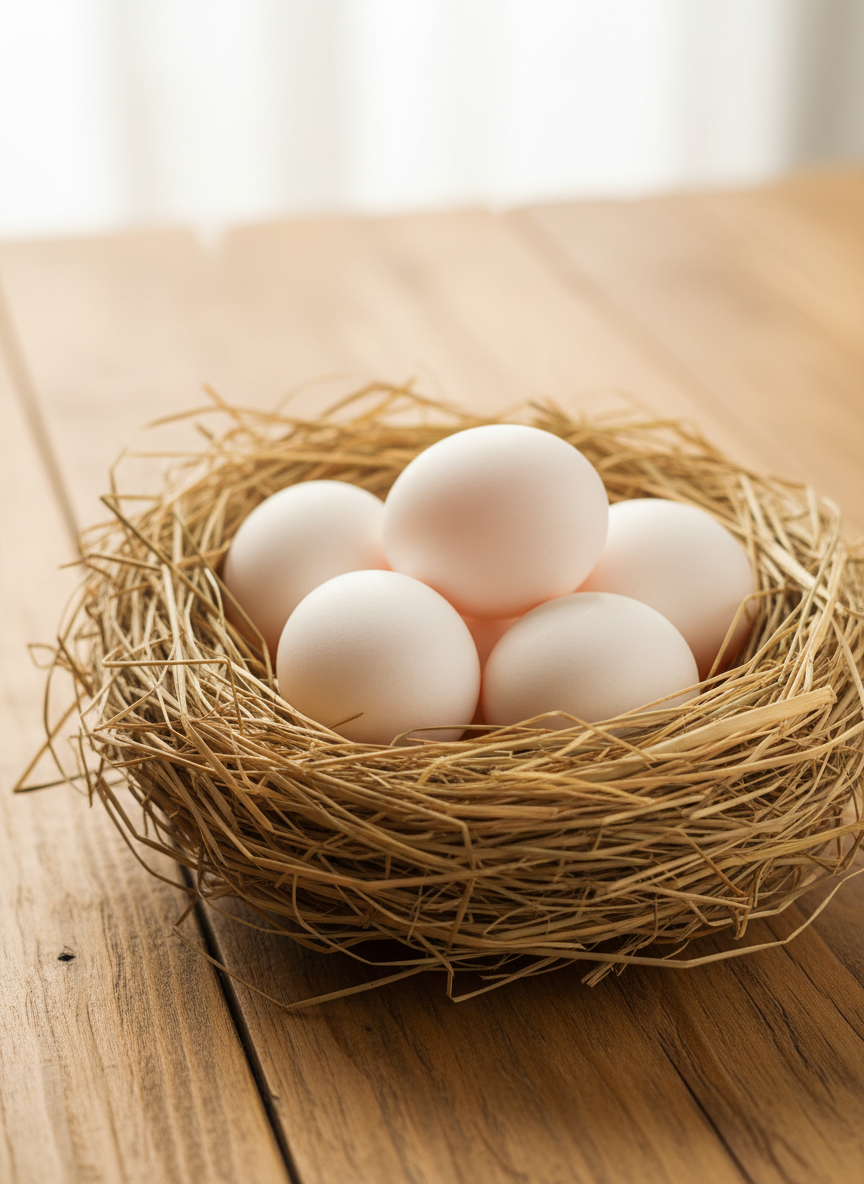 A warm, natural lifestyle photo of fresh white chicken eggs arranged in a rustic wooden tray on a clean white kitchen surface, soft morning sunlight from the side, shallow depth of field, minimal Taiwanese farm brand aesthetic, calm and trustworthy mood, golden hour warmth, no text