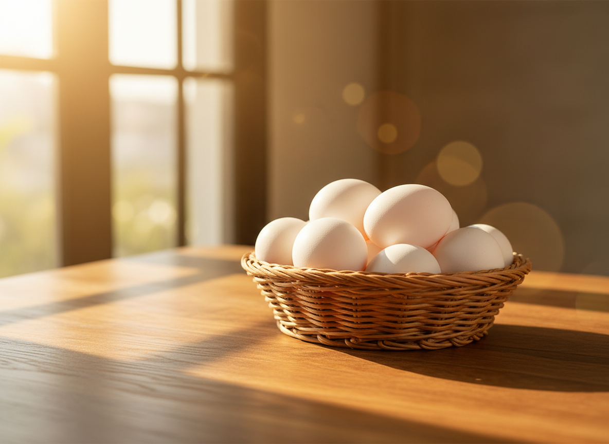 金雙囍 Joy Joy Egg 雞蛋形象圖,溫暖金色晨光照耀白色雞蛋