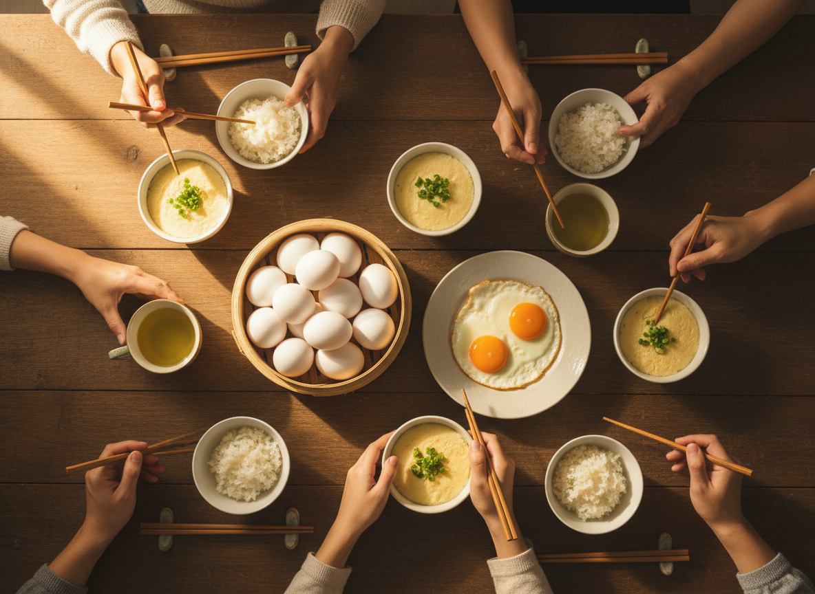 Overhead flat lay shot of a warm Taiwanese family breakfast table. Center of the frame: a bamboo basket filled with beautiful pristine white eggs, and a plate with two sunny-side-up fried eggs with bright golden yolks — both sharp and prominent, taking up most of the frame. Around them: small bowls of steamed egg custard, chopsticks, simple rice bowls, a small teacup. At the edges of the frame, multiple pairs of hands — adult and children's hands — reaching in to pick up food, pass bowls, or hold chopsticks, conveying the warmth of a shared family meal without showing faces. The hands feel natural and joyful. Warm golden morning light from the side, casting soft shadows. Wooden table surface. The mood is intimate, celebratory, like a small daily feast — 囍 (double happiness) energy. No text, no logos. Cinematic top-down composition, warm earthy golden tones, natural light photography style, high detail.