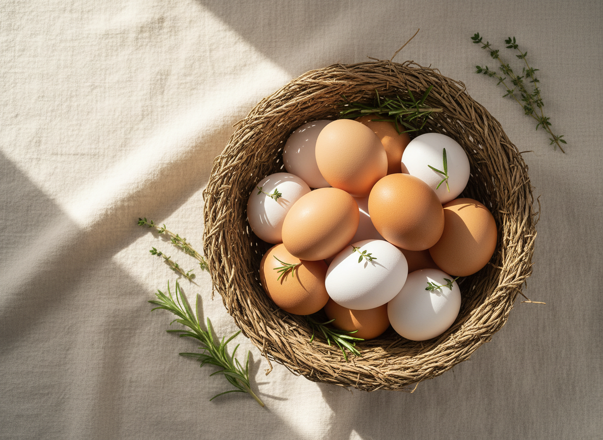 Bright airy overhead photograph of fresh brown and white eggs in a woven basket on a warm cream linen surface, soft natural morning light, a few sprigs of green herbs, light and fresh farm brand mood, warm beige and gold tones, minimal clean styling