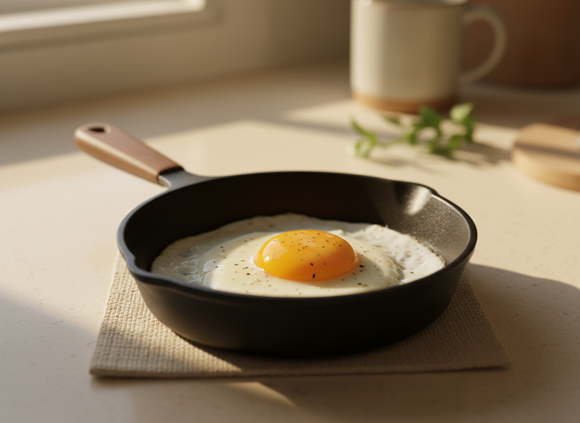 A perfect sunny-side-up fried egg in a pan, glossy golden yolk, close up on a warm cream kitchen counter with soft morning light, fresh and appetizing, minimal warm styling