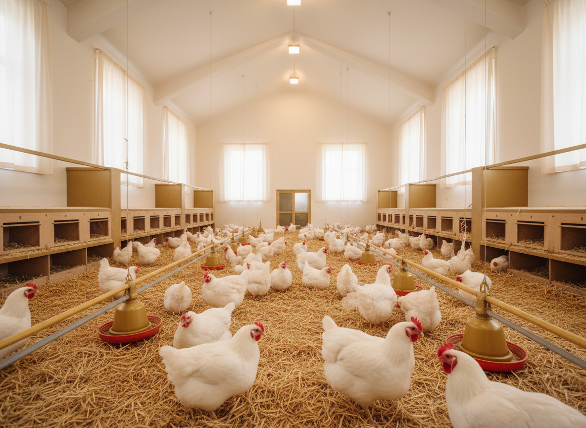 Clean bright interior of a modern indoor chicken housing facility, healthy white hens in tidy well-lit environment, soft natural light, warm and airy documentary style, cream and gold color palette