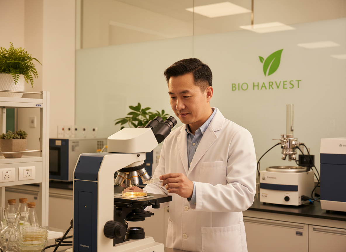 合豐盛華人研究人員在實驗室檢視天然菇蕈類材料